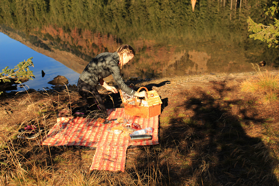 Picknick am Ingerringsee beim auspacken vom Korb